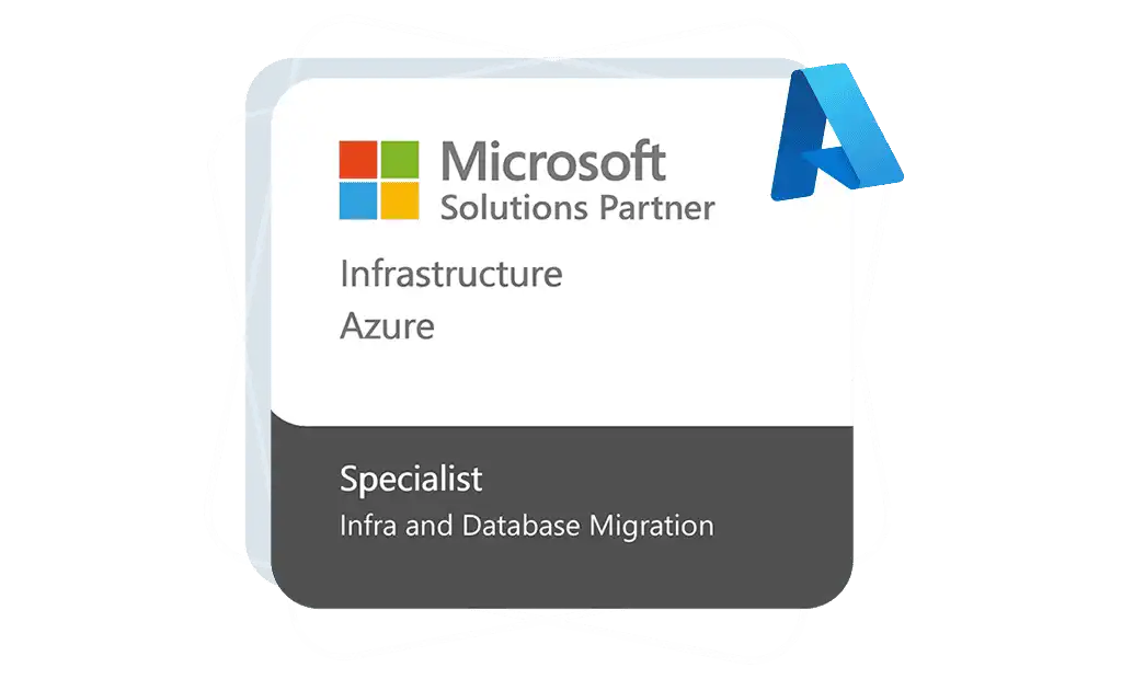 Insignia oficial de Microsoft Solutions Partner para especialidad en Azure Infrastructure e Infra and Database Migration.
